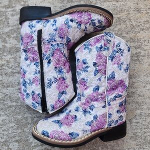 Old West Toddler Western Floral Lace Sparkle Square Toe Cowboy Boots, Sz 7.5